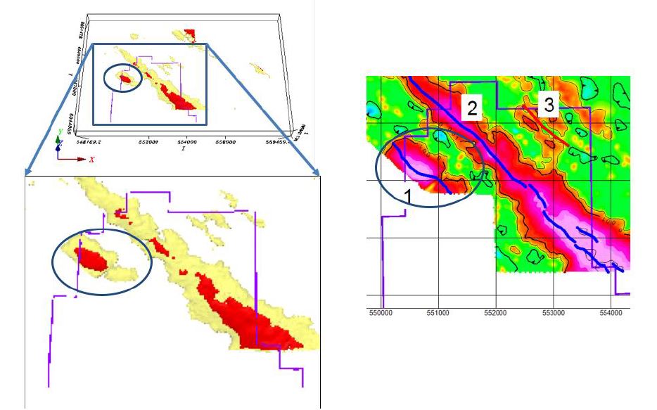 3D model iso surfaces and depth slice of conductivity model near anomalous zone. Power One Corp Wicheeda - BC