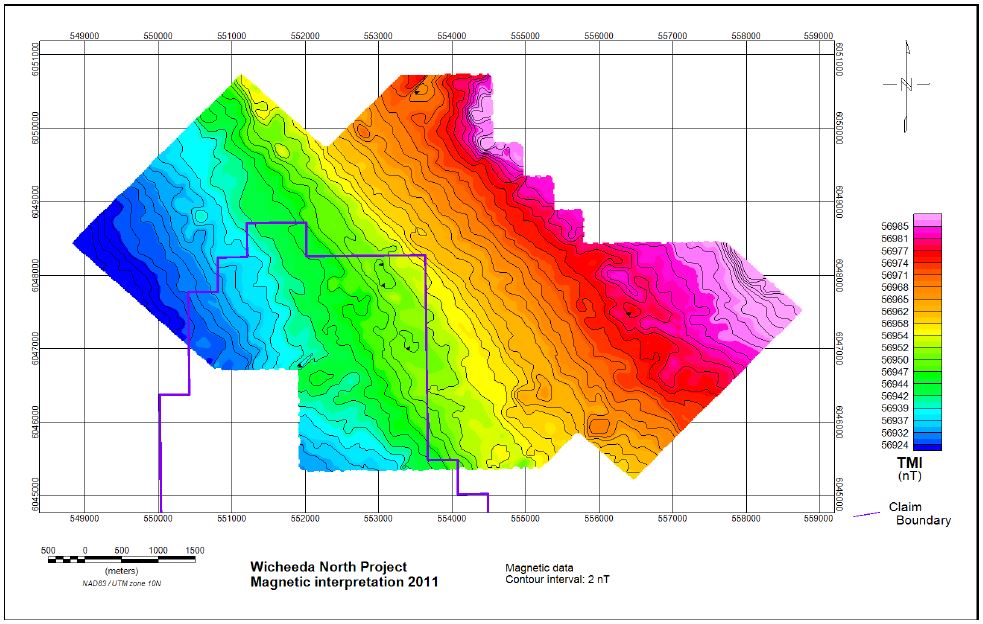 Total magnetic intensity TMI data from Chuchinka 2011 interpretation. Purple polygon indicates the Wicheeda North claim boundary. Power One Corp Wicheeda - BC