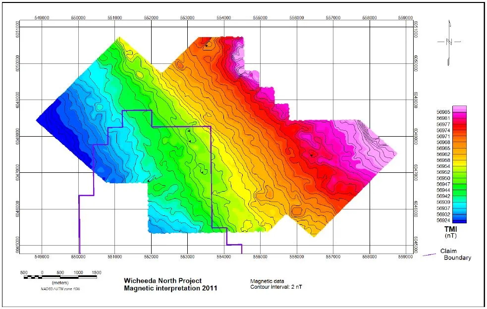 Total magnetic intensity TMI data from Chuchinka 2011 interpretation. Purple polygon indicates the Wicheeda North claim boundary. Power One Corp. Wicheeda - BC